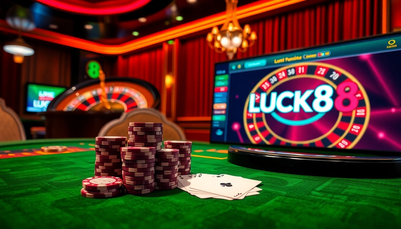 LUCK8 players enjoy thrilling casino games with vibrant chips and cards in an elegant setting.