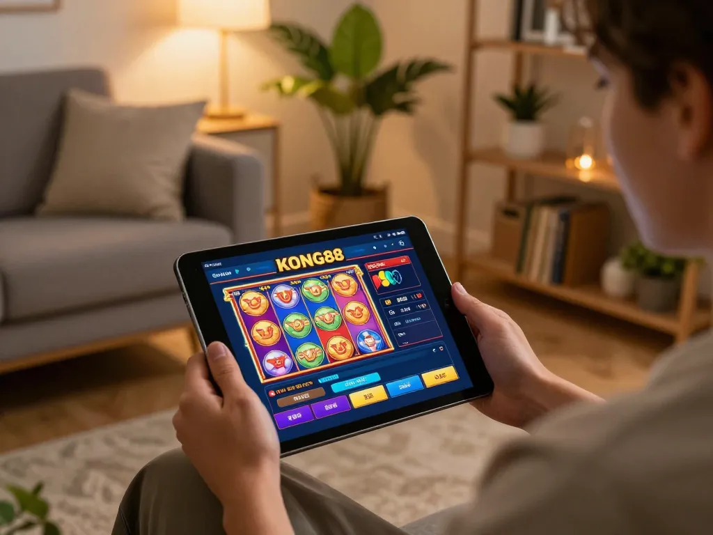 KONG88 app showcased on a tablet in a cozy home gaming setup, emphasizing the convenience of online slots.
