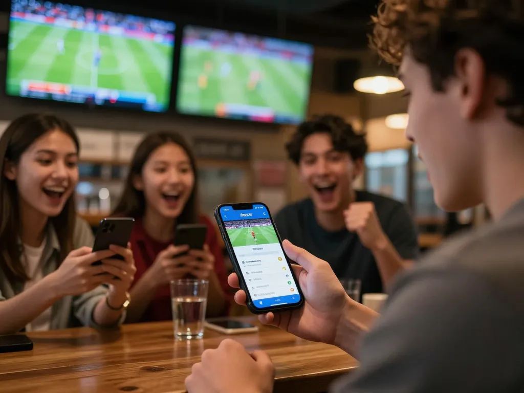 Engaged sports bettor using Bsport app during live game, smartphone displaying betting options and excitement.