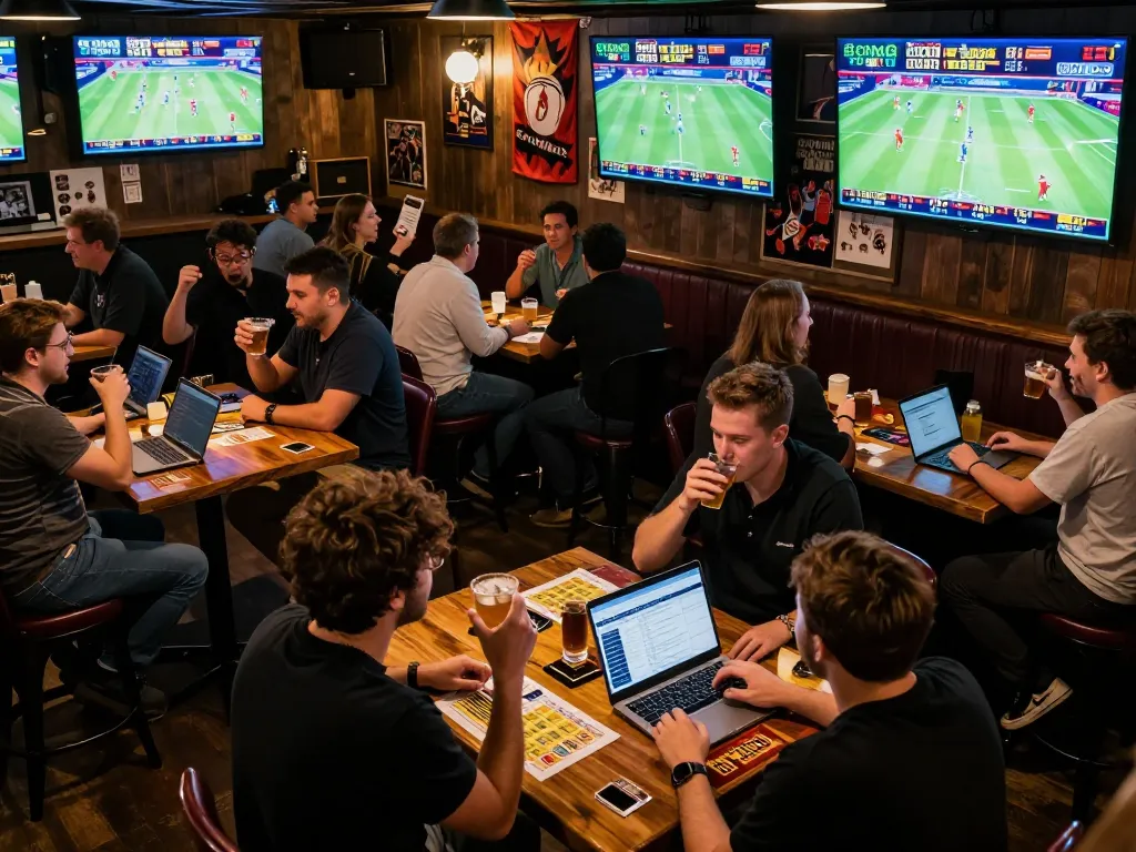 88vv enhancing excitement as fans engage in lively sports betting atmosphere with drinks and screens.