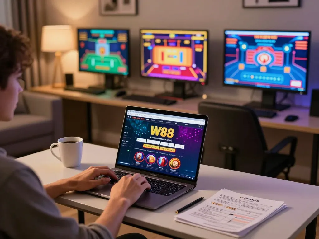 Engaging online casino experience with W88 interface on laptop, highlighting strategic gameplay moments