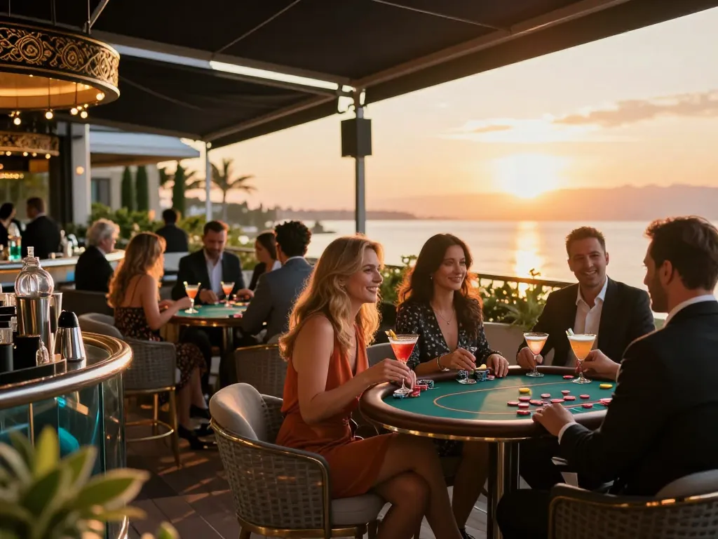 78win offers a premier outdoor casino experience with lively poker games and vibrant sunset ambiance
