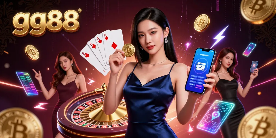 Experience thrilling gameplay with gg88, featuring a stunning Asian woman holding a casino app and a golden chip.