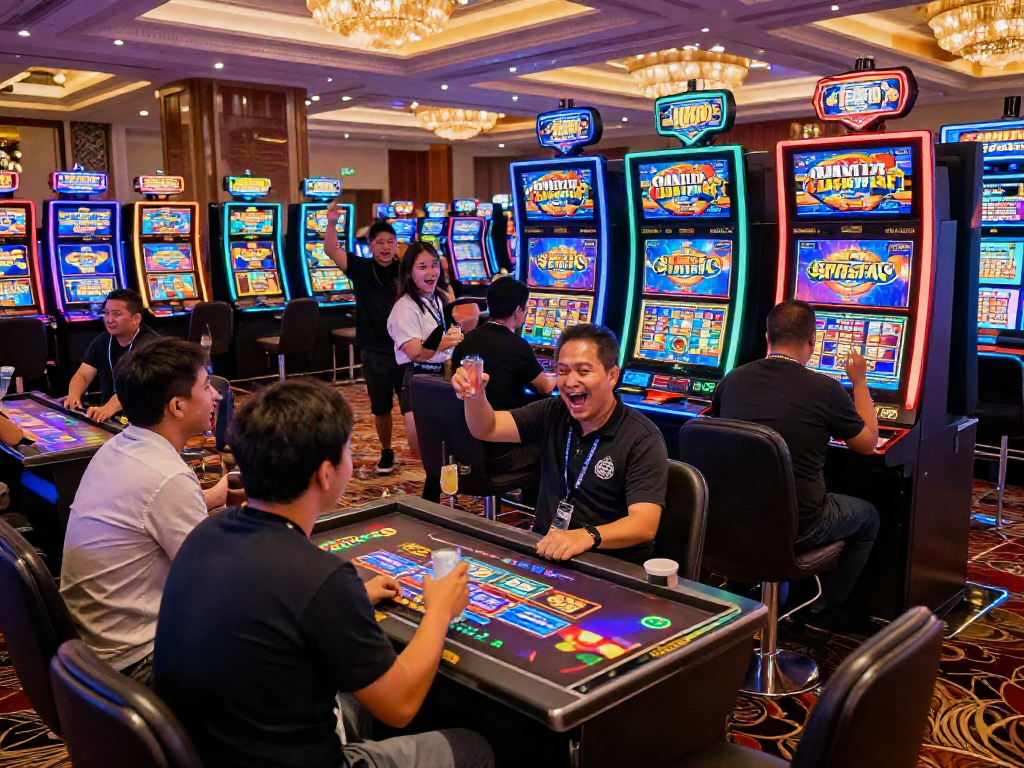 Excited players at slot gacor machines in a vibrant casino atmosphere.