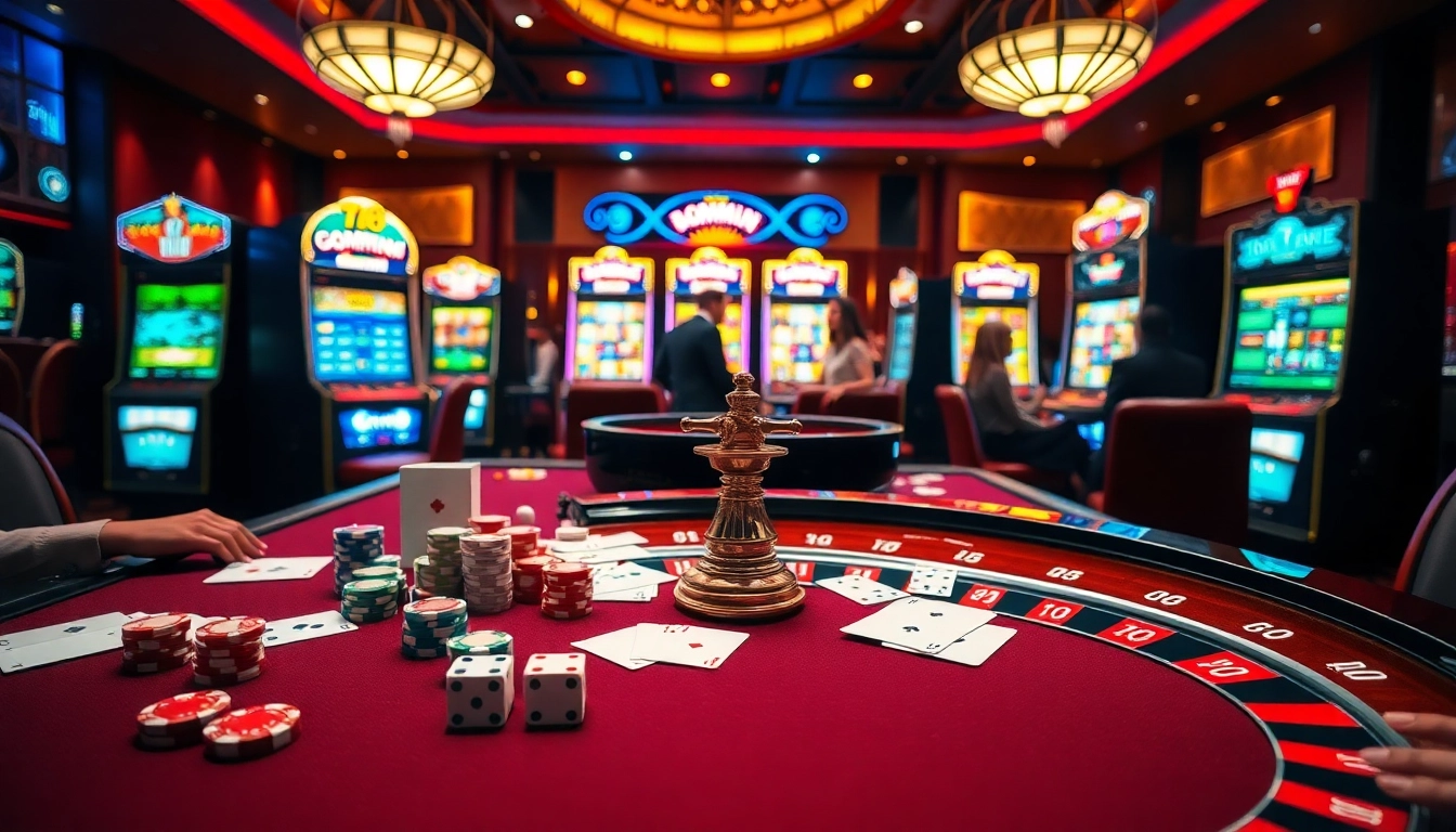Tải Bomwin - Engage in exciting casino games surrounded by vibrant gambling visuals.