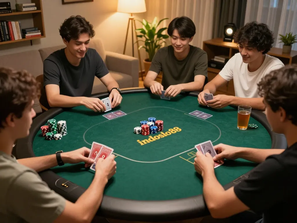 Enjoying a vibrant poker game at home, players engage strategically on the indoslot88 server thailand platform.