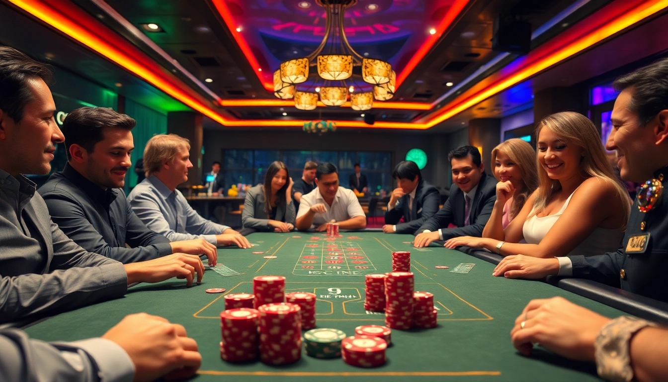 A dynamic gambling forum scene featuring excited players at a casino table.