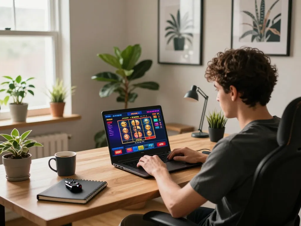 Engaged player enjoying online gaming at home through https://kjc.events/ laptop interface, showcasing casino excitement.