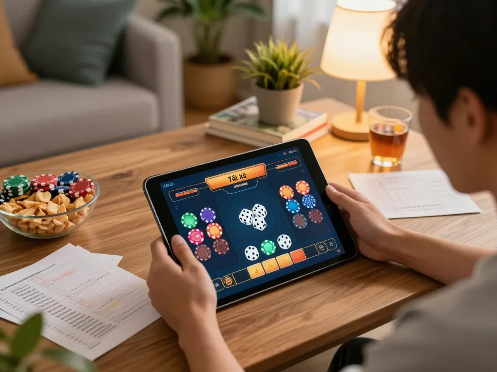 Tài xỉu online gaming session on a tablet in a cozy living room setting, emphasizing strategy and engagement.