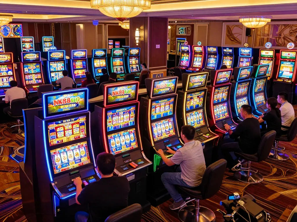 Players enjoying vibrant slot machines at NK88 MVP, showcasing excitement in gambling.