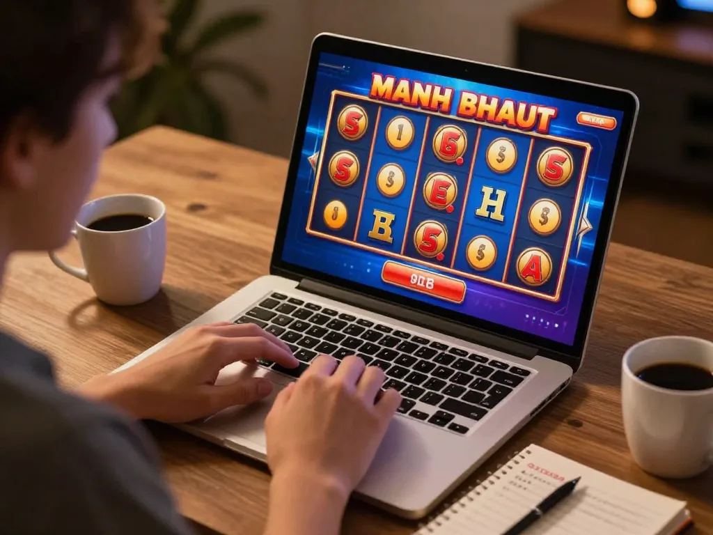 Engaging in a slot bonus game on a laptop, showcasing vibrant reels and exciting gameplay.