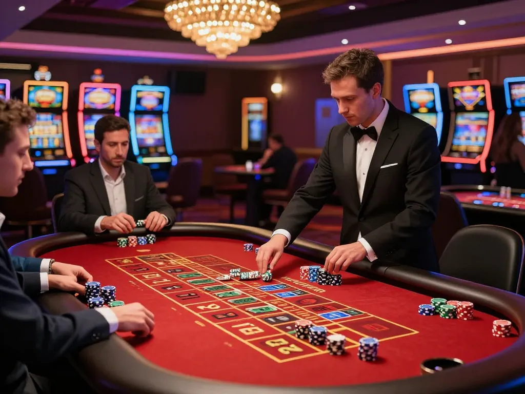LIGA2000 players placing bets at a roulette table in a bustling casino environment.