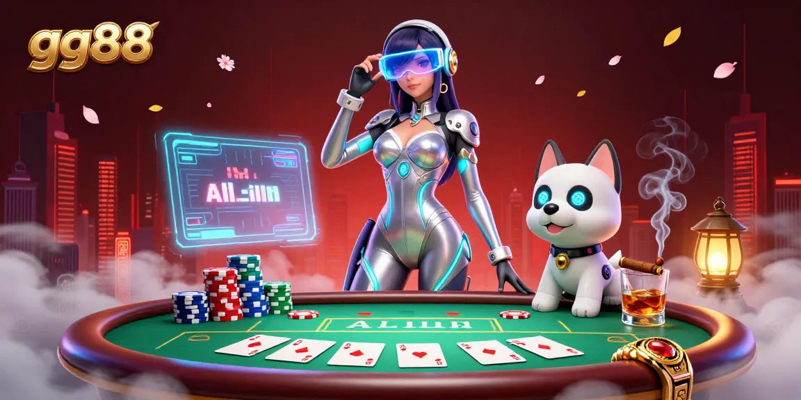 Experience thrilling gameplay at gg88 with a 3D scene capturing a futuristic woman and robot dog amidst vibrant poker elements.