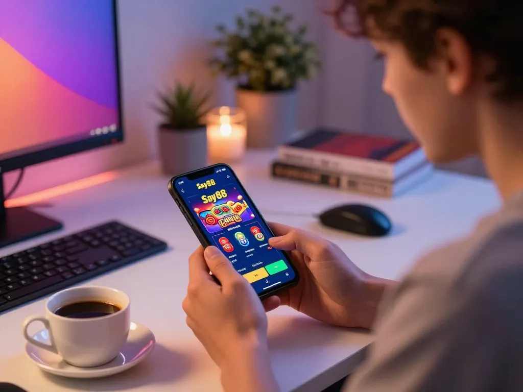 Engage with exciting games on the Say88 com casino app displayed on a smartphone, capturing the thrill of online gambling.