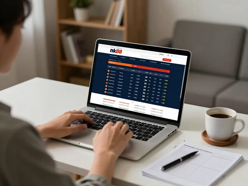 Engaging with Nk88 trang chủ for live sports betting at a stylish home office desk