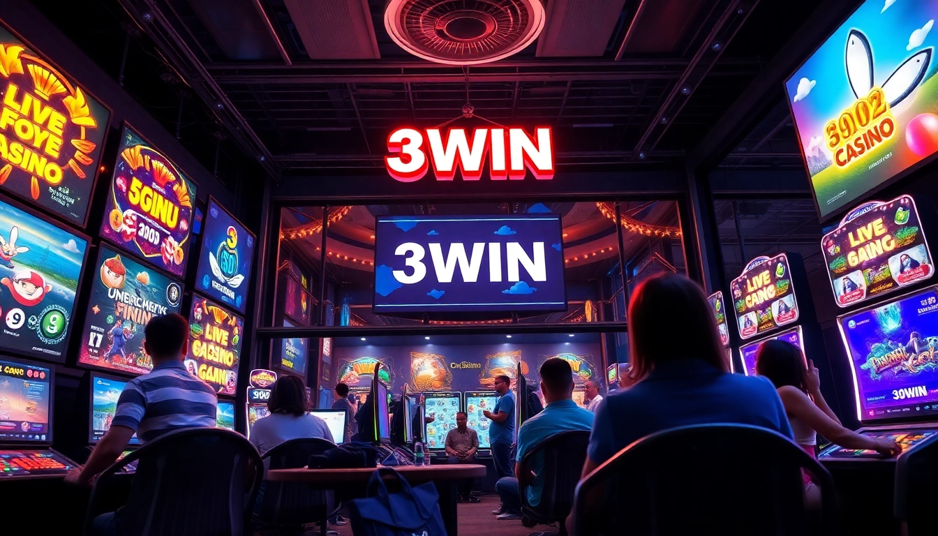 3WIN gaming excitement with players and colorful screens in a modern online casino