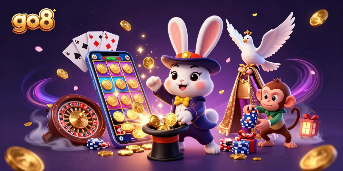 Win big at go8 with a 3D magician rabbit, glamorous dove, and monkey amidst gold coins and poker chips.