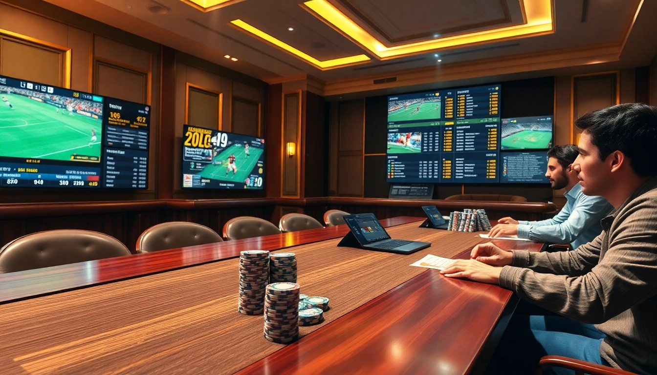 Engaged bettors placing wagers on แทงบอล matches at an upscale gambling venue with vibrant screens.