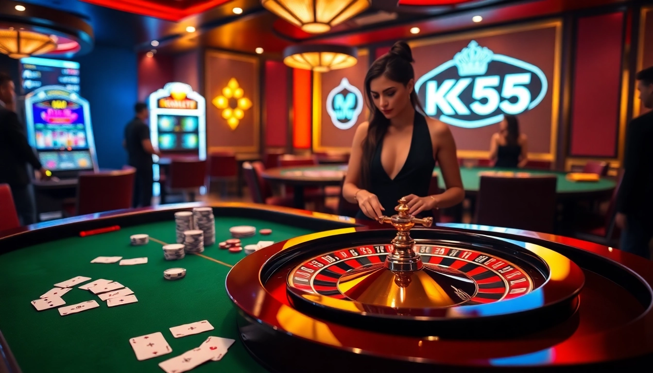 Experience the thrill of KK55 with a lavish casino scene featuring roulette, poker chips, and exciting gameplay.