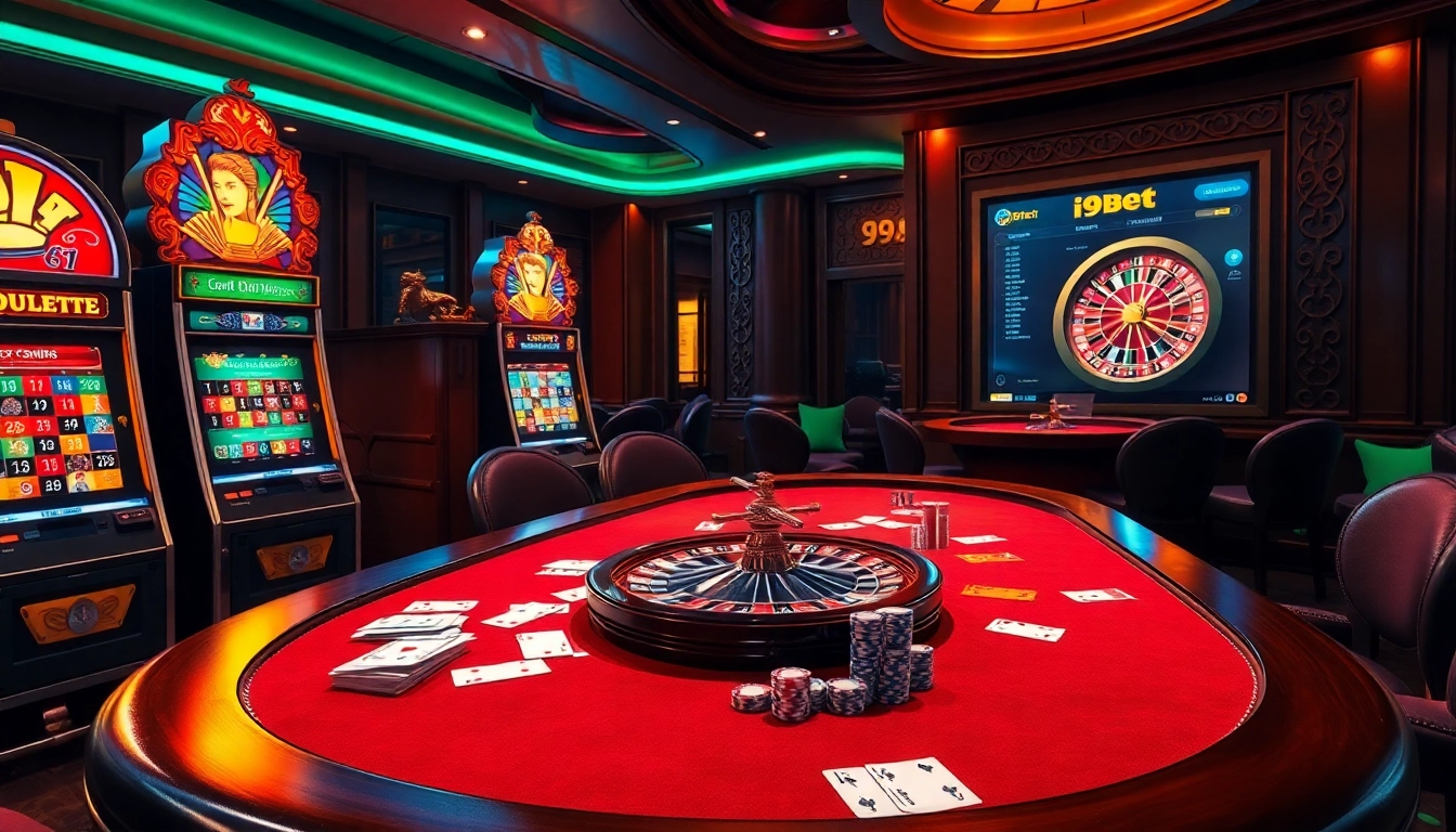 Experience excitement at i9bet's luxurious casino with slot machines, poker tables, and vibrant betting action.