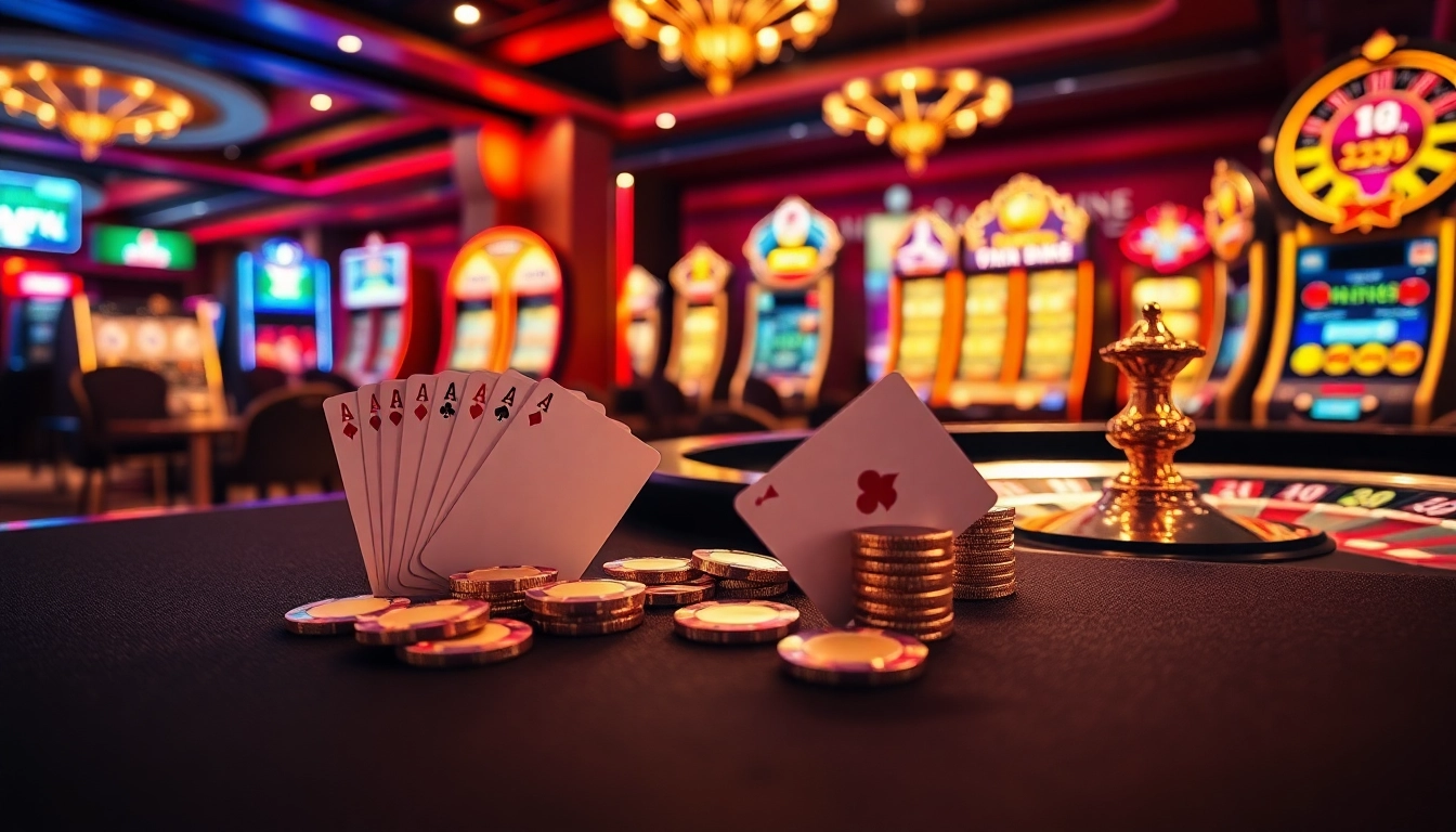 Engage in thrilling online gambling at https://vn88a.app/ surrounded by a luxurious casino atmosphere, featuring elegant tables and vibrant slot machines.