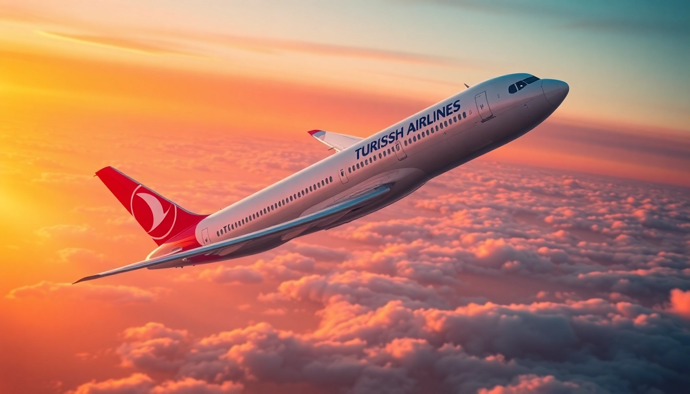 Dynamic image of Turkish Airlines tk88 in flight against a sunset sky.