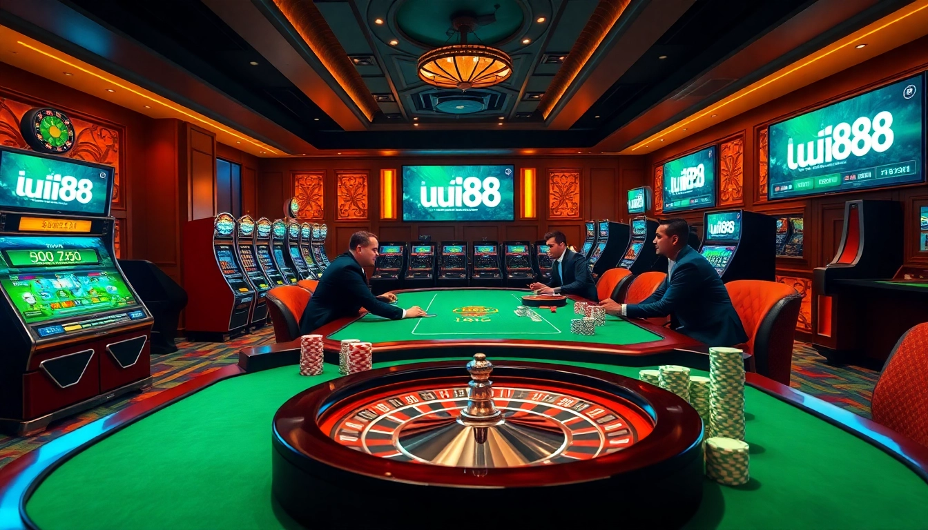 Players enjoying a high-stakes game at uu88 casino table amid vibrant slot machines.