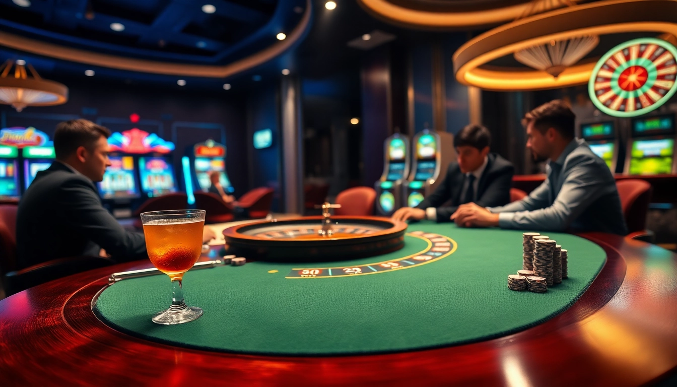 KJC poker players strategizing at an upscale casino table with vibrant slot machines.