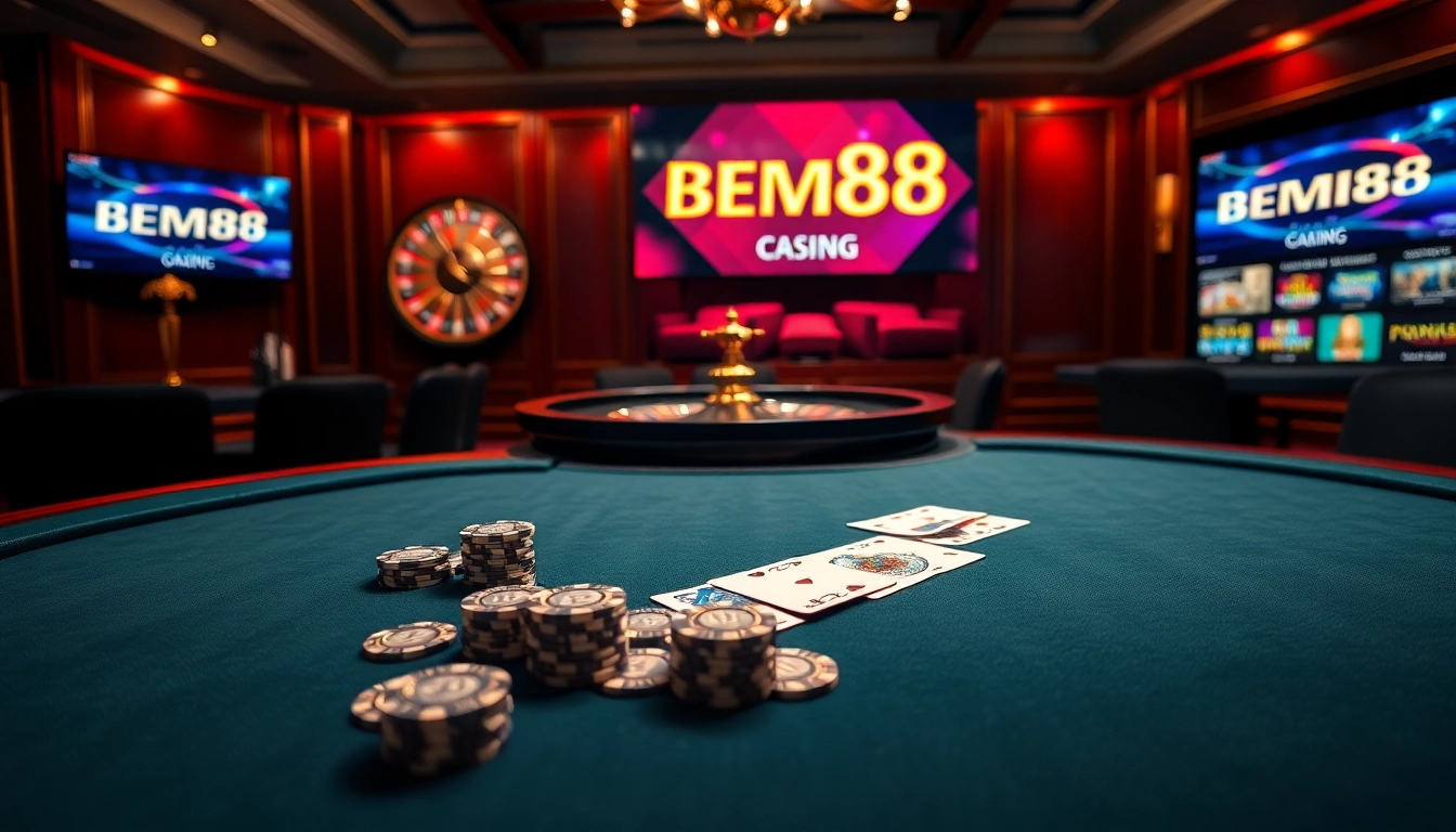 Experience the thrill of BEM88 with an elegant poker table scene showcasing vibrant gaming elements.
