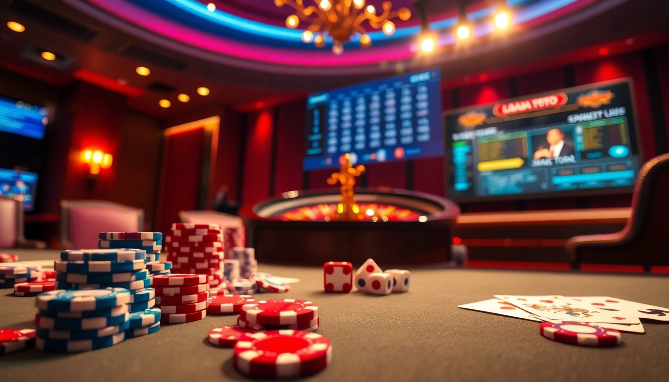 Lazadatoto offers an immersive gambling experience with vibrant casino elements, including poker chips and a roulette wheel.