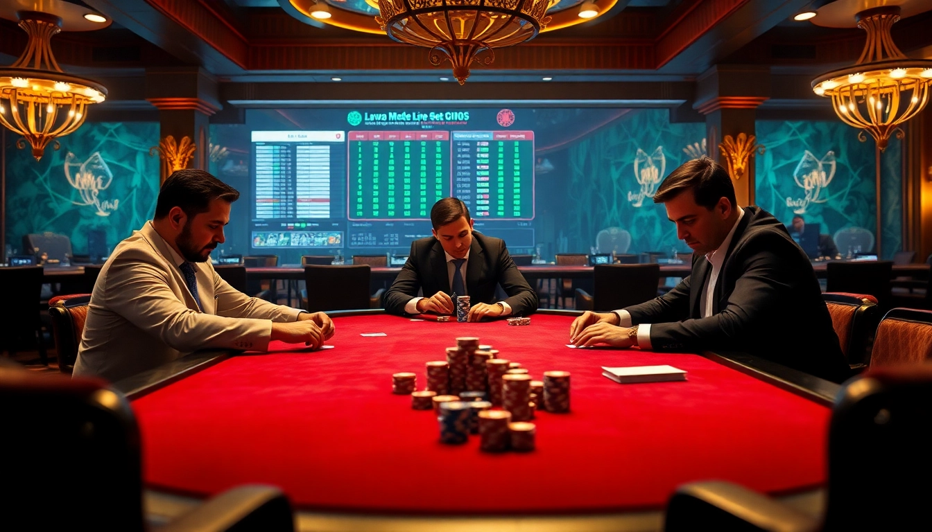 High-stakes poker scene with digital betting features, showcasing excitement at https://9keonhacai.com/.