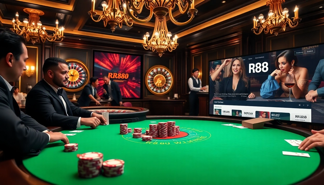 RR88 betting players engage in a high-stakes poker game with vibrant chips and intense focus.