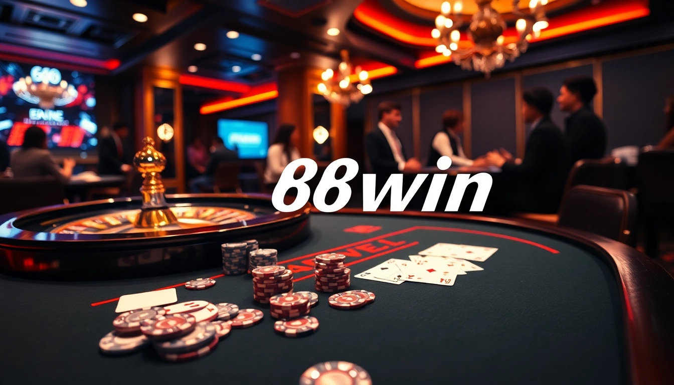 A vibrant casino scene showcasing the 68win link amid gaming tables and poker chips, capturing the excitement of gambling.
