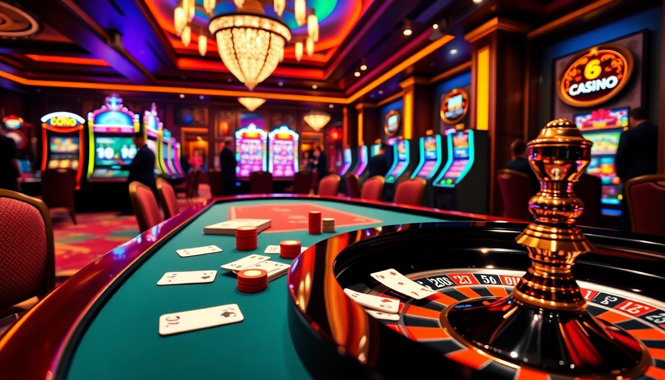 SODO Casino tables with vibrant poker games and cheerful players in a luxurious setting.