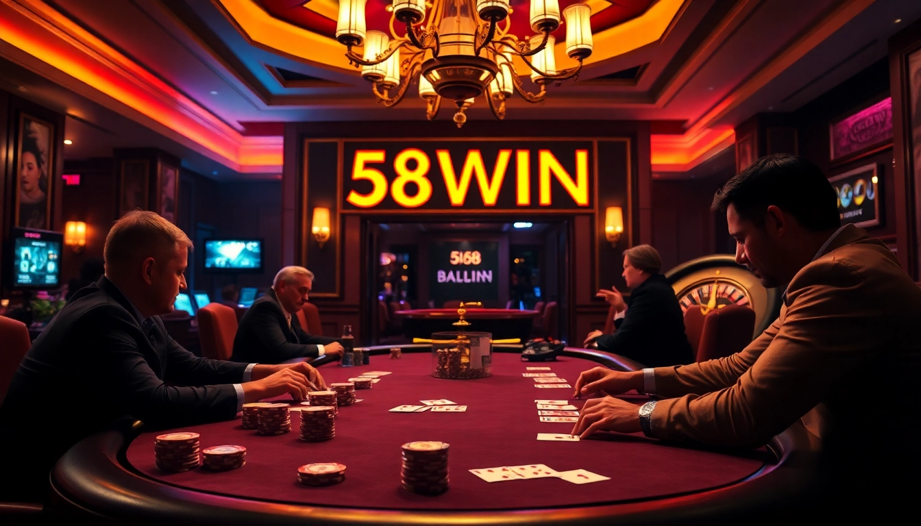 Experience the thrill of 58WIN at a luxurious casino poker table with focused players.