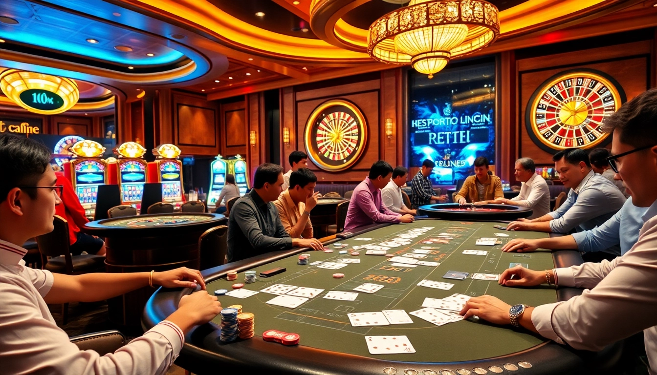 Exciting casino scene with players at poker tables, highlighting Nhà cái bomwin gaming elements.