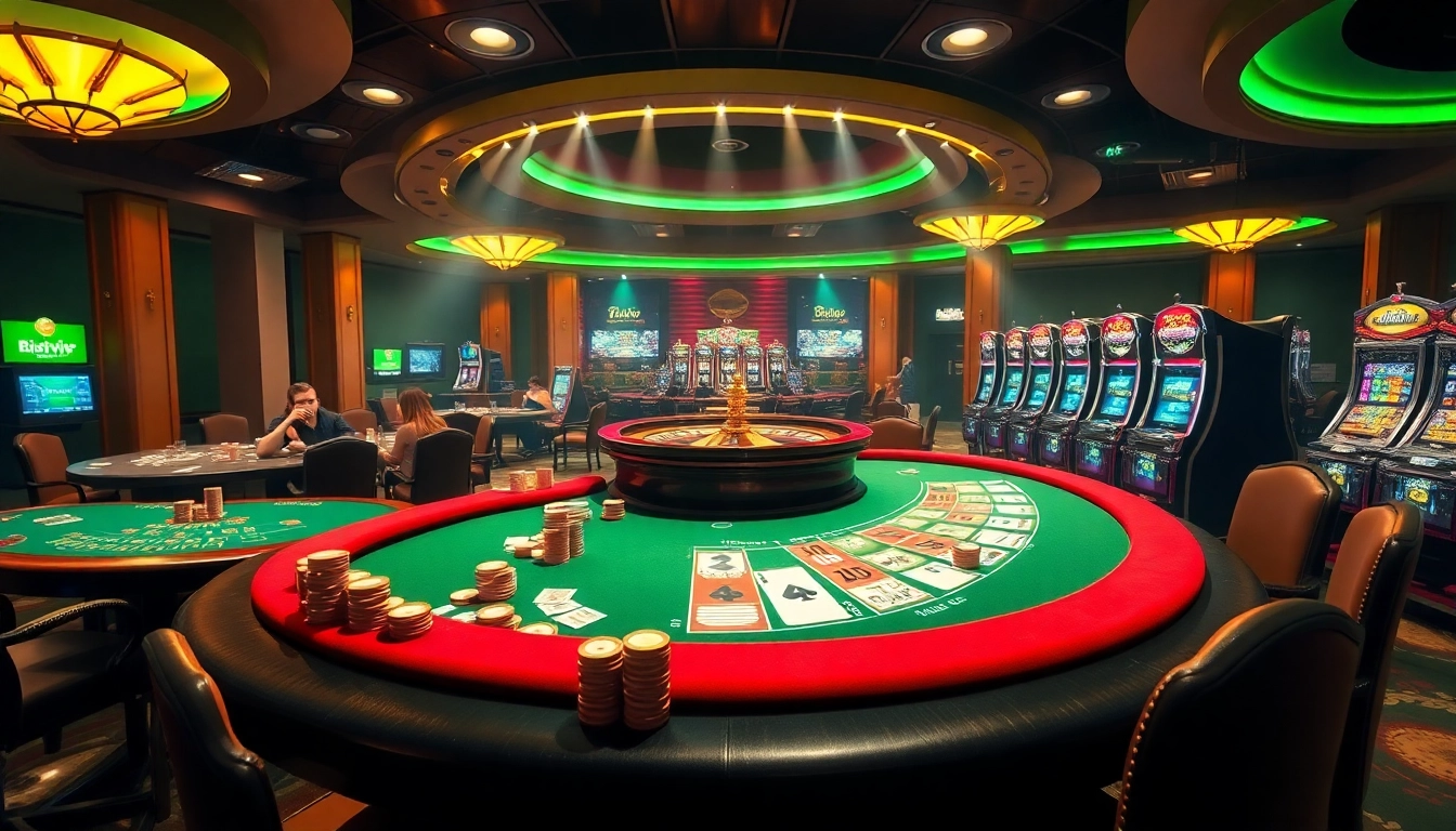 Exciting casino atmosphere showcasing Rikvip gambling elements including tables, chips, and dynamic lighting.
