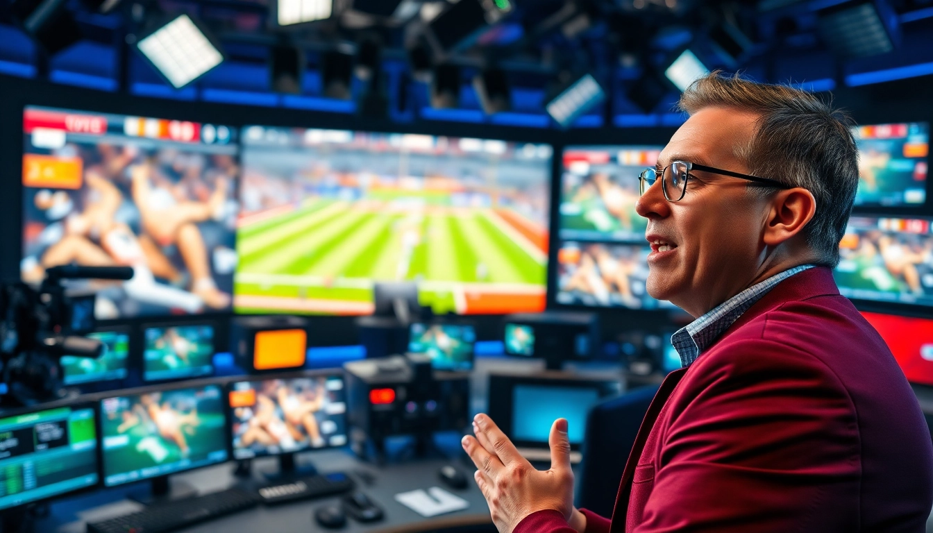 Engaging anchor leading sports broadcasting with high-tech equipment in the studio.