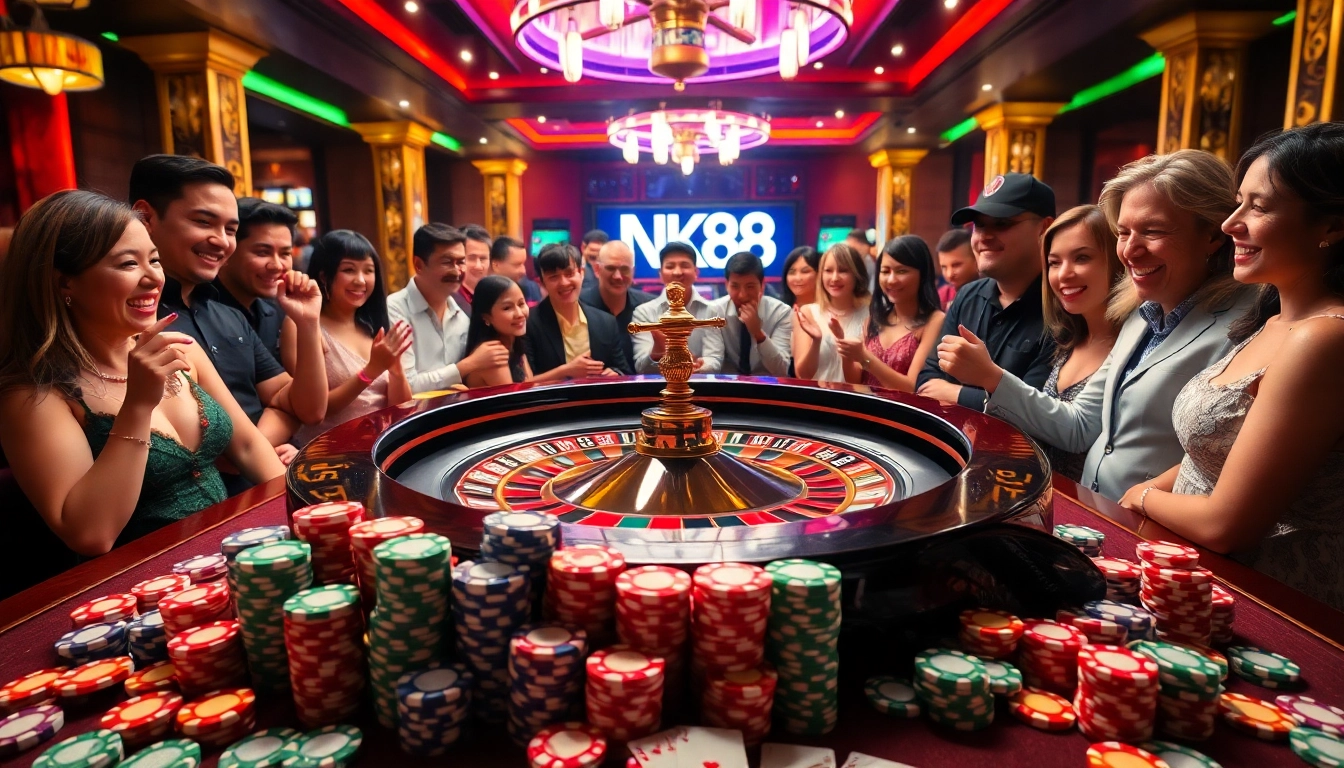 Experience the thrill of NK88 casino games with vibrant roulette and excited players.