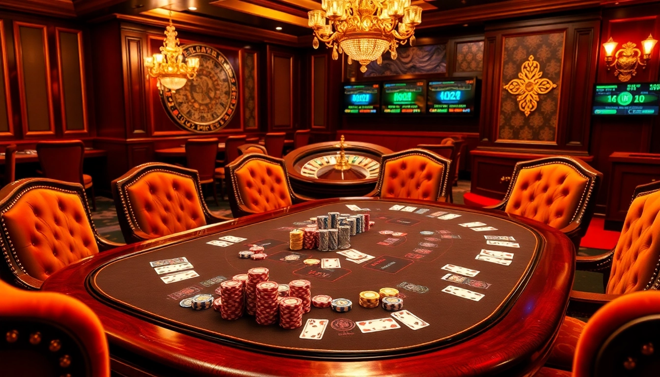 Experience thrilling poker action at an mk8 casino, showcasing luxurious gaming tables and vibrant poker chips.