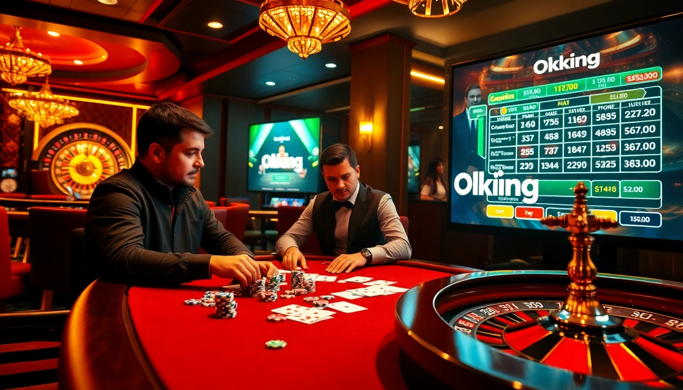 Players engaged in a thrilling poker game at a luxurious casino, showcasing Okking-themed excitement.
