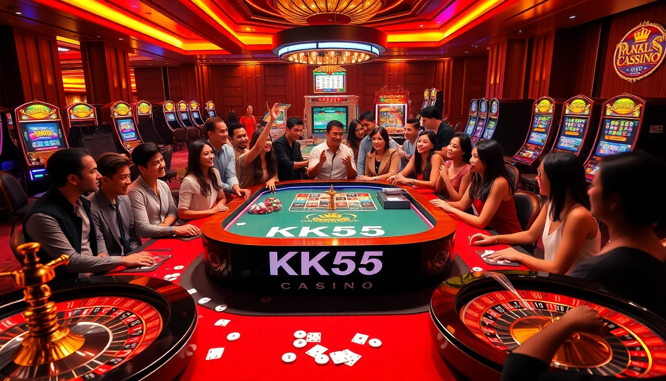 Exciting KK55 casino scene with players at a gaming table celebrating a win amid vibrant colors.