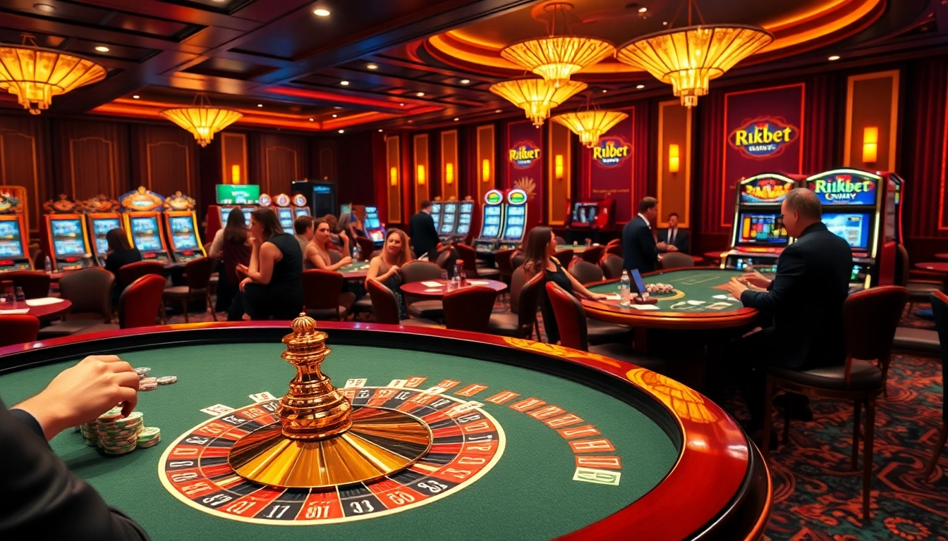 Players enjoying a vibrant roulette game at a luxurious rikbet casino scene.