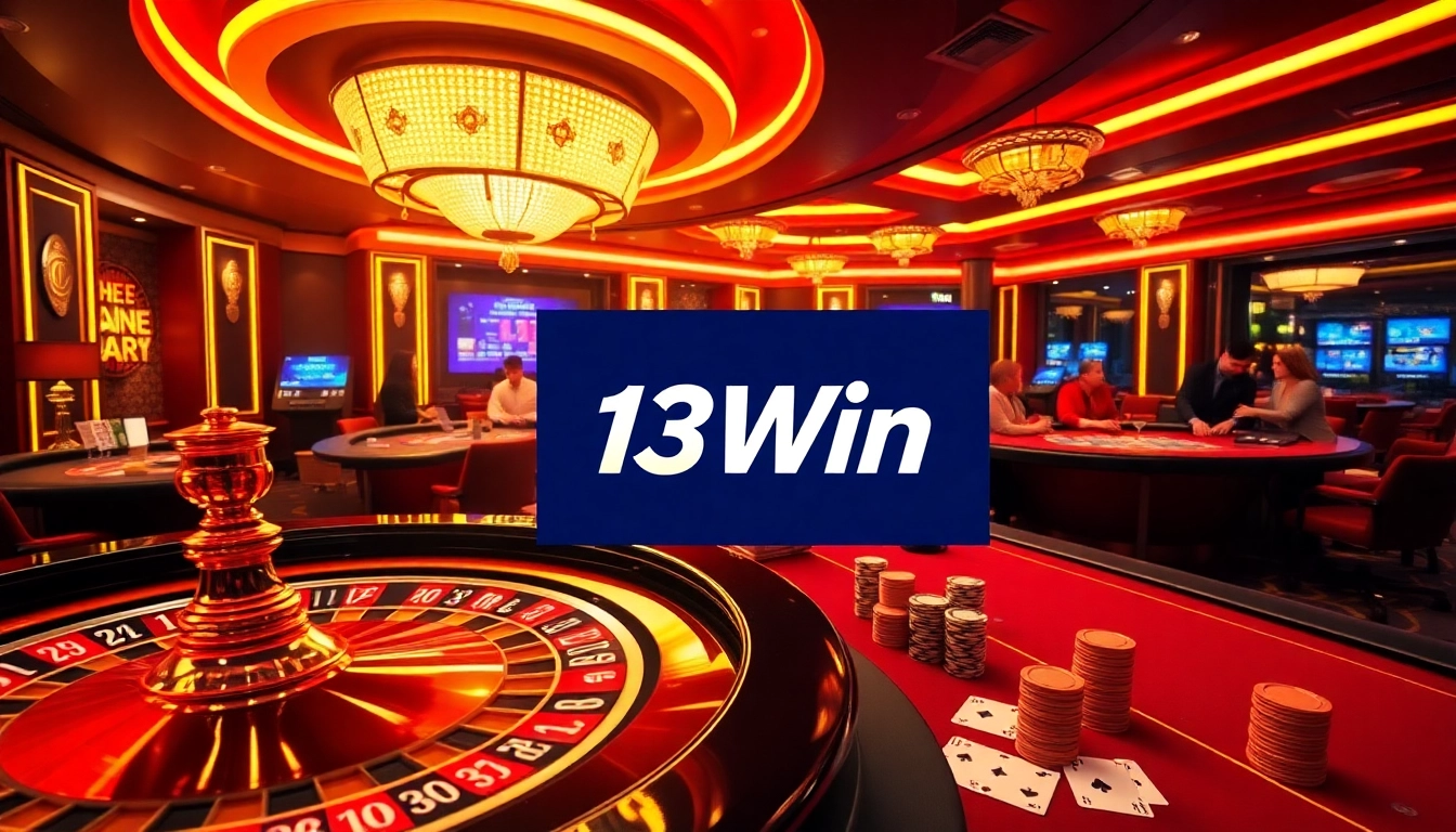 Experience the excitement of 13Win casino with dynamic poker tables and roulette wheels in a luxurious setting.