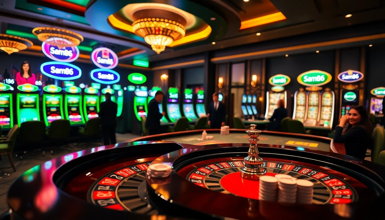 Players enjoying thrilling games at Sam86 online casino with vibrant slot machines and poker chips.