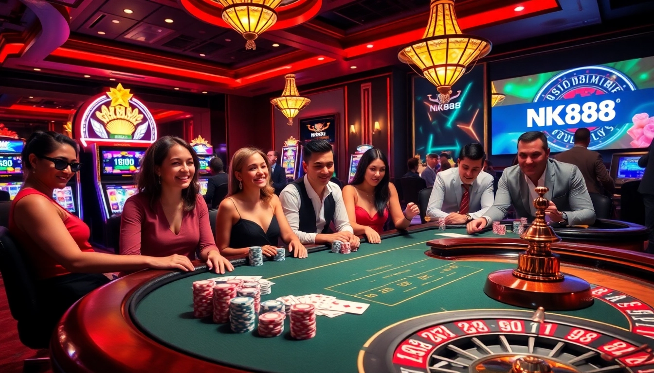 Players enjoying a thrilling game at the NK88 casino table, surrounded by vibrant slot machines and poker chips.