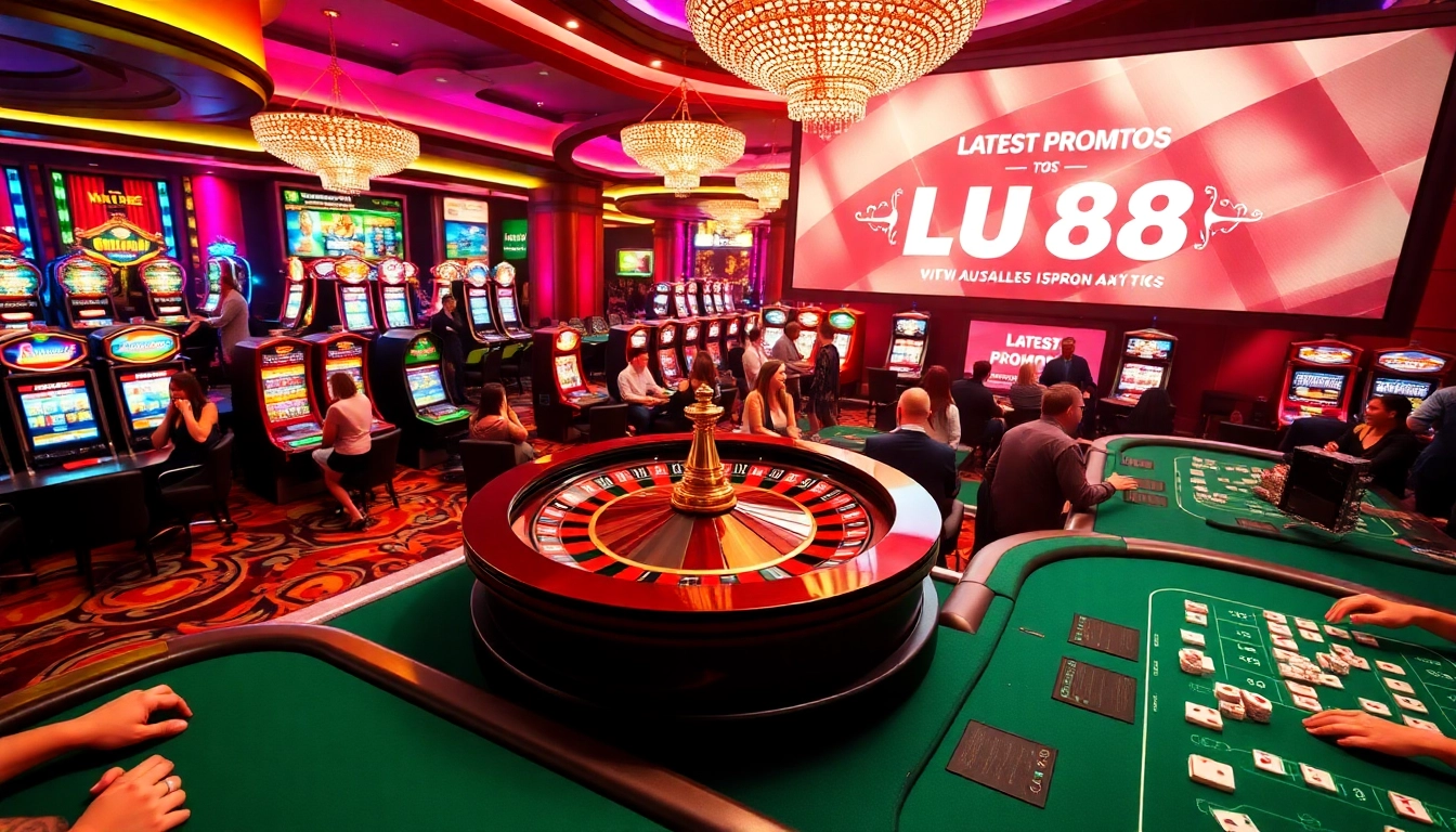 Lu88 brings excitement with a vibrant casino scene showcasing roulette and slot machines.