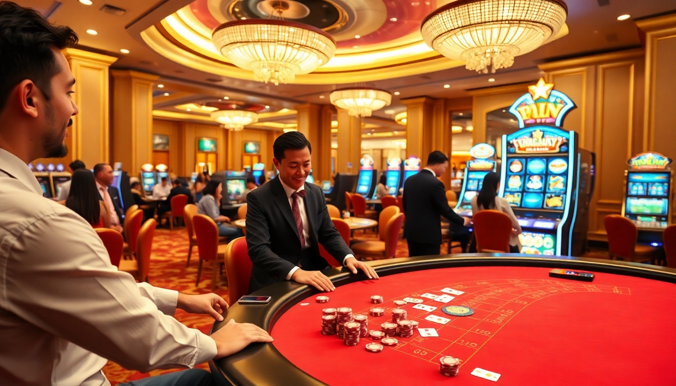 Exciting gaming action at trang 88i's luxurious casino tables with vibrant poker chips and cards.