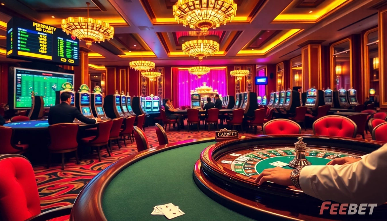 FEBET enhancing the thrill of gambling at a luxury casino with poker and roulette tables.