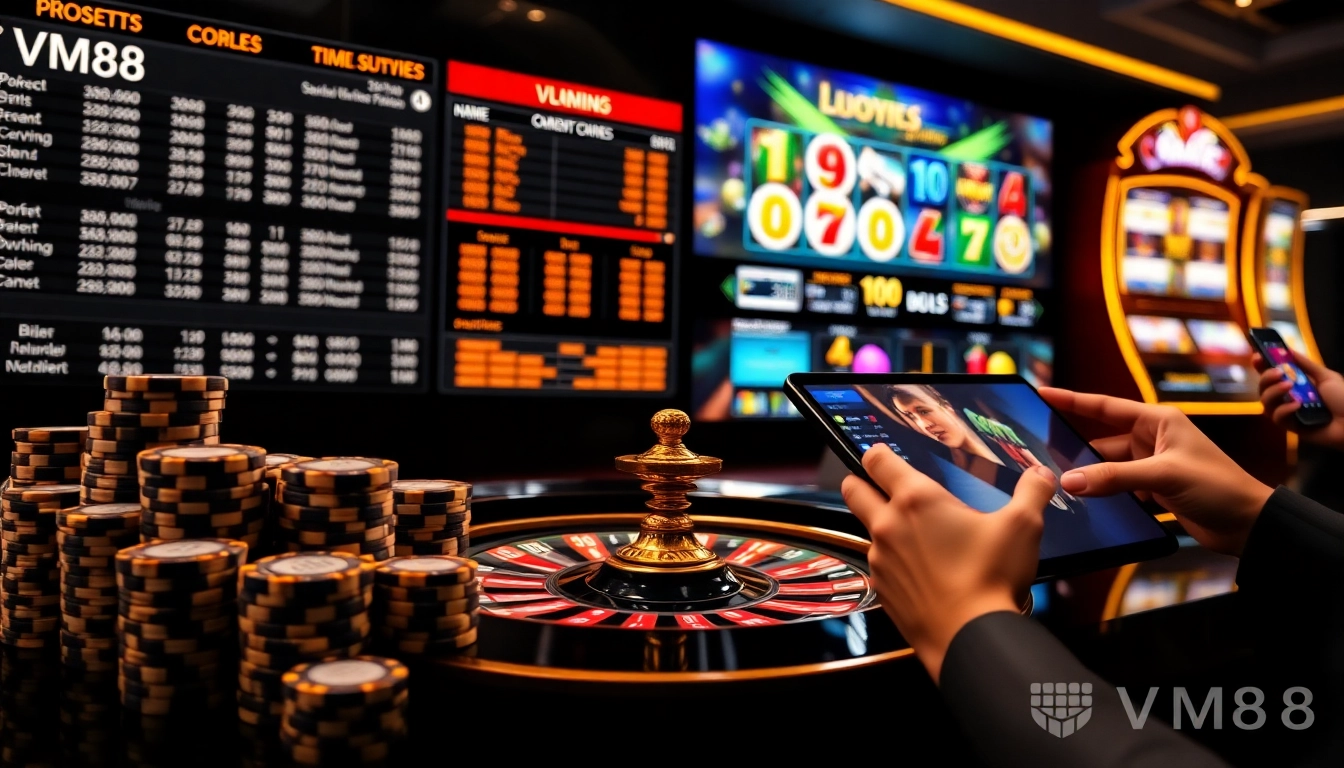 VM88 casino interface displaying betting chips, cards, and live roulette action on digital devices
